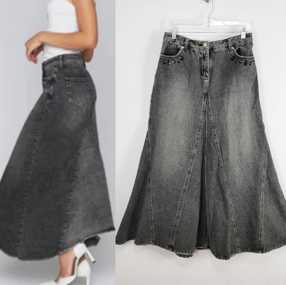 Vintage Jeanology Washed Black Jeweled Denim Maxi Skirt Size 10
